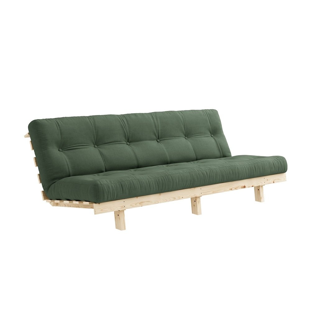 Banquette convertible futon LEAN pin coloris vert olive couchage 130*190 cm.